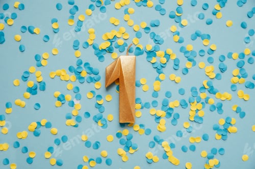 Preview: Number one golden celebration birthday candle on yellow and blue confetti Background.