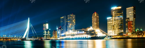 Preview: Panoramic view of the night city. Rotterdam city skyline. City towers illuminated panorama