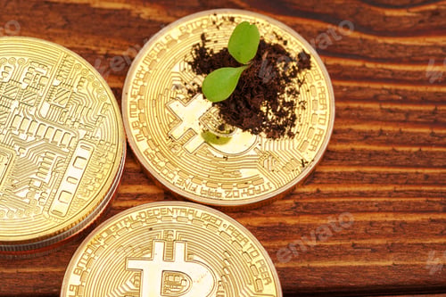 Preview: Golden bitcoin and green plant in soil