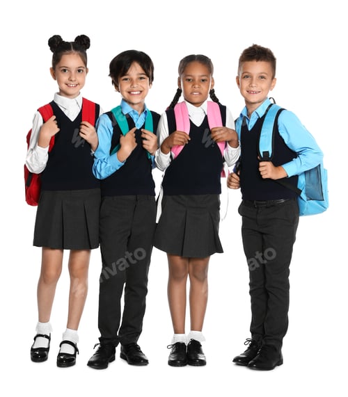 Preview: Happy children in school uniform on white background
