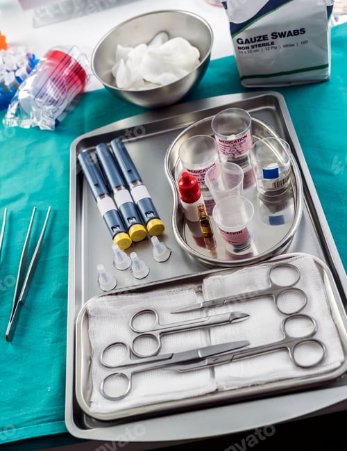 Preview: Diverse medication in glasses monodose along with insulin injectors in hospital, conceptual image