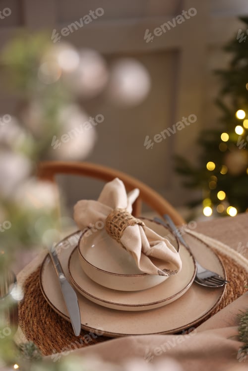 Preview: Christmas place setting with festive decor on table in room