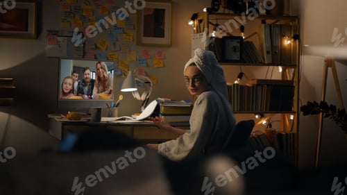 Preview: Happy family talking online home by web cam. Relaxed woman enjoying cozy evening