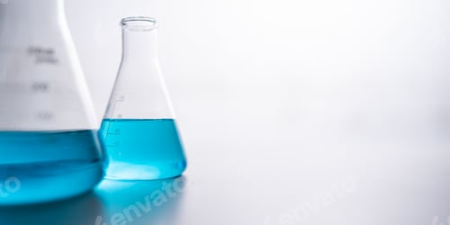 Preview: chemical science laboratory with blue liquid in test tube beaker and glassware equipment