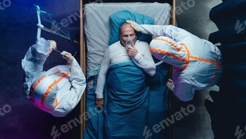 Preview: Top view of doctors and covid-19 patient with oxygen mask in bed in hospital, coronavirus concept.