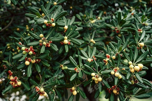 Preview: Yellow seed pods among the green foliage of the mock orange bush