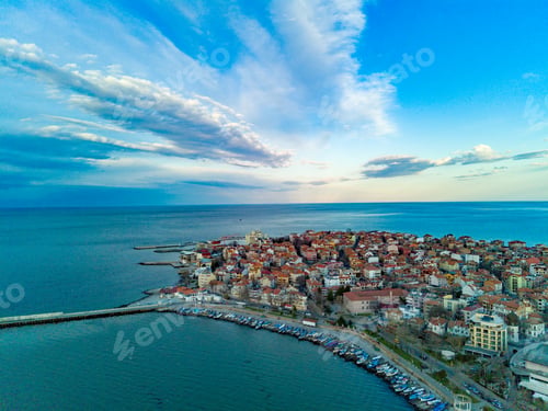 Preview: Panoramic view from a height above the town of Pomorie with houses and streets