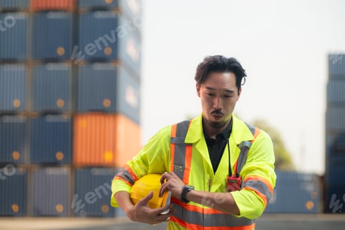 Preview: Portrait of an Asian male worker wearing a safety vest and hard hat, taking a break from work