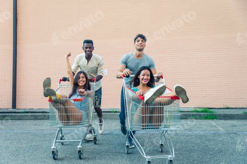 Preview: Young happy friends running with shopping carts