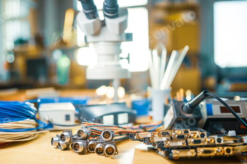 Preview: Modern microscope, electronic components in a scientific laboratory