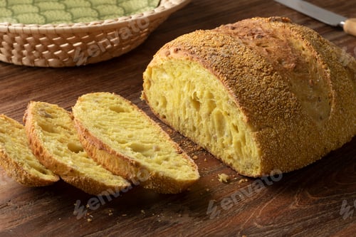 Preview: Fresh baked corn bread loaf and slices on a cutting board