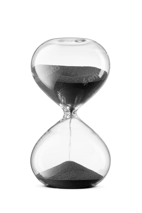 Preview: Hourglass with black sand measuring time isolated on white.