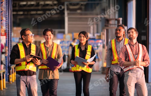 Preview: A group of warehouse employees, Inspecting products on warehouse shelves