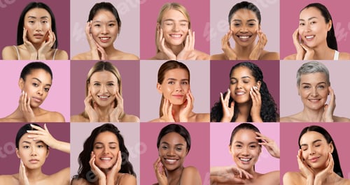 Preview: Diverse women showcasing skincare routines with joyful expressions