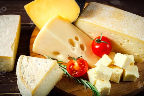 Preview: Artisan cheese platter featuring a variety of cheeses and fresh vegetables on a wooden board