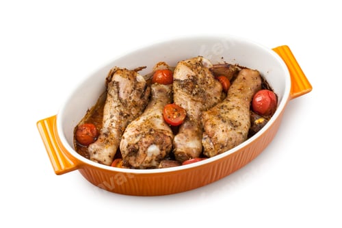 Preview: Roasted Chicken and Tomatoes in Orange Baking Dish