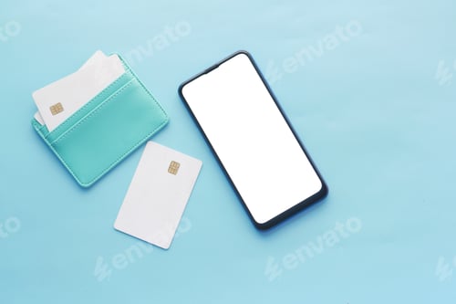 Preview: smart phone with empty screen , credit card on blue background