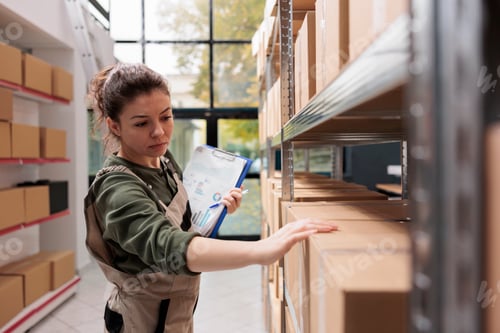 Preview: Storehouse manager checking cardboard boxes barcode