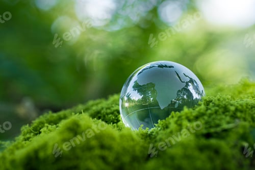 Preview: Crystal ball on moss in green forest - environment esg concept, ecology and sustainable environment
