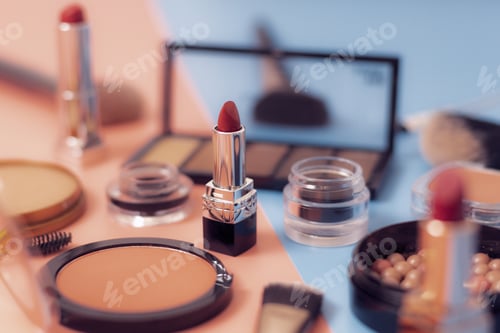 Preview: Red lipstick with cosmetics on a blue-pink background.