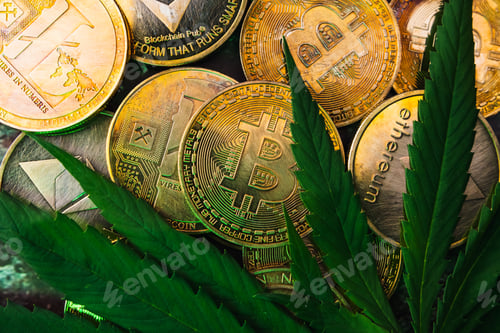 Preview: Golden coins with crypto currency symbol and cannabis leaves.