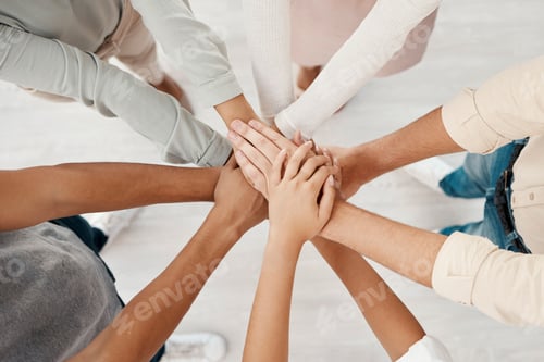 Preview: Support, solidarity and hands stacked of business people in a meeting with trust, teamwork and comm