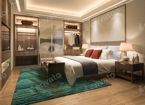 Preview: 3d rendering luxury modern bedroom suite tv with wardrobe and walk in closet