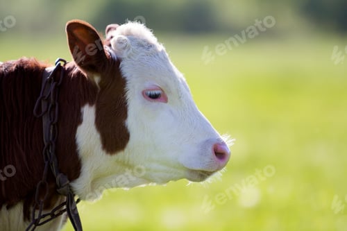 Preview: Close-up profile portrait of white and brown calf with chain on neck on yellow blurred bokeh
