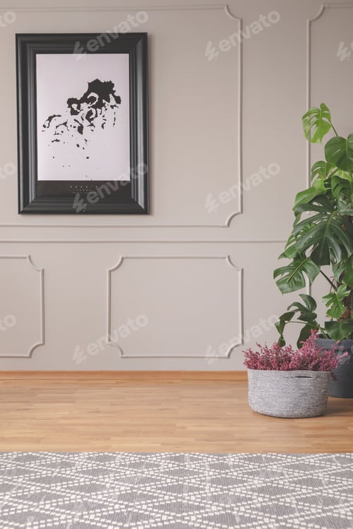 Preview: Plants and carpet in grey living room interior with poster on the wall with molding. Real photo