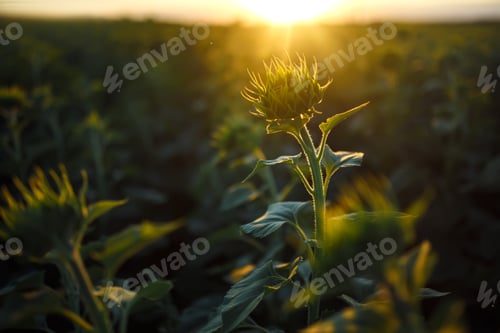 Vorschau: Hintergrund des schönen Sonnenblumengartens. Feld der blühenden Sonnenblumen auf einem Hintergrund Sonnenuntergang.