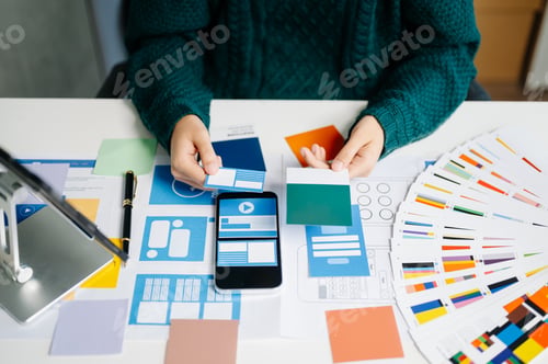 Preview: UX graphic designer planning application process development prototype wireframe for web smart phone