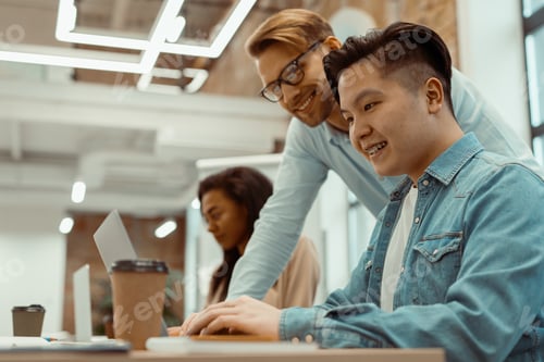 Preview: Young managers men and woman smiling in office