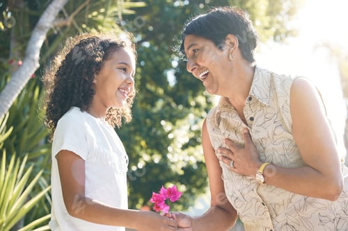 Preview: Flower gift, child or grandmother in park bonding together on mothers day with care, love or suppor