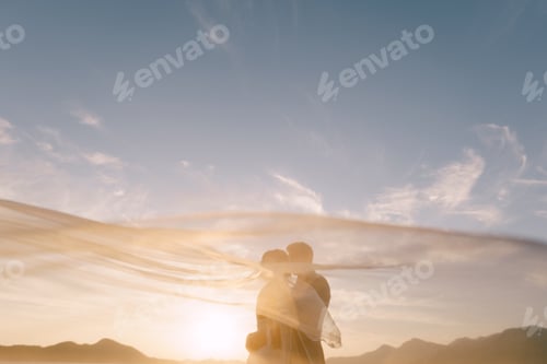 Preview: Groom kisses bride under a fluttering veil against the background of mountains and sky