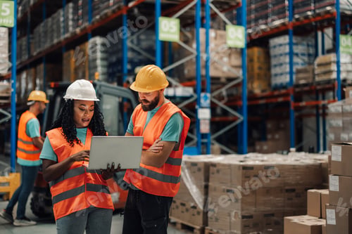 Preview: Focused diverse team members reviewing warehouse data on computer