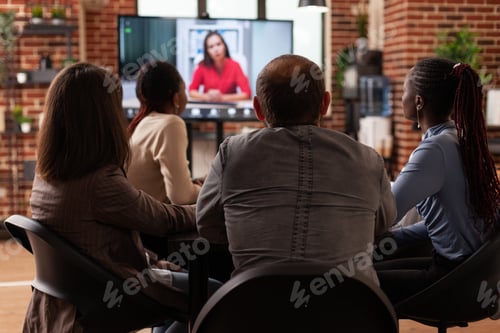 Preview: Executives managers people discussing project ideas with remote leader