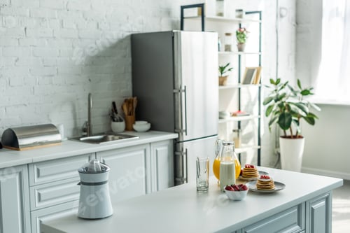 Preview: interior of modern light kitchen with fridge and kitchen counters