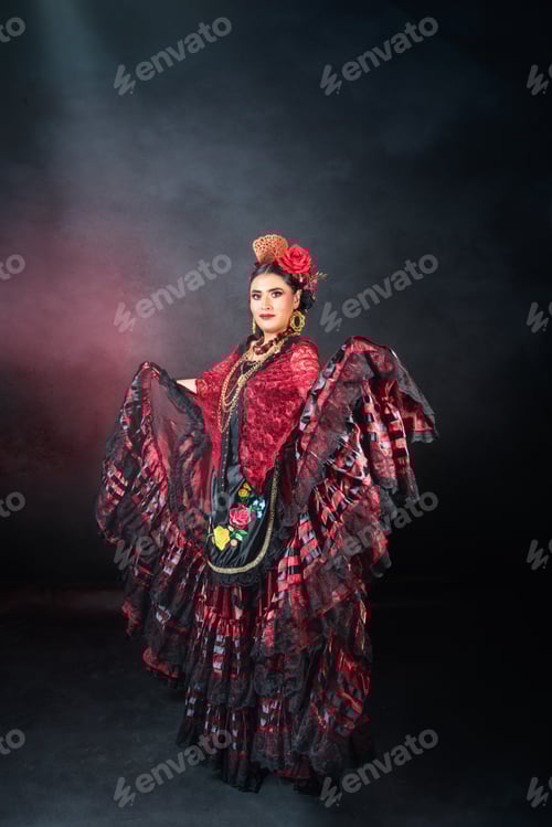 Preview: A woman in a red dress with a black skirt and a red flower on her head