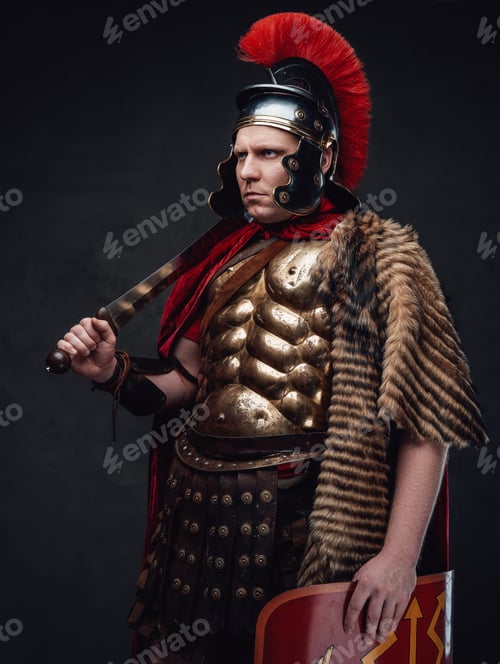 Preview: Roman soldier weared in bronze armor holding sword