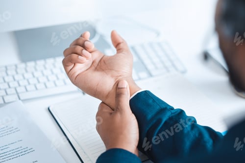 Preview: Hands of business man with pain, carpal tunnel syndrome or strain from corporate job, working or ty
