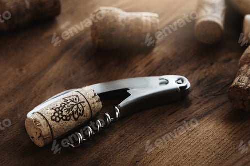 Preview: Wine Corks and Corkscrew on Wooden Table
