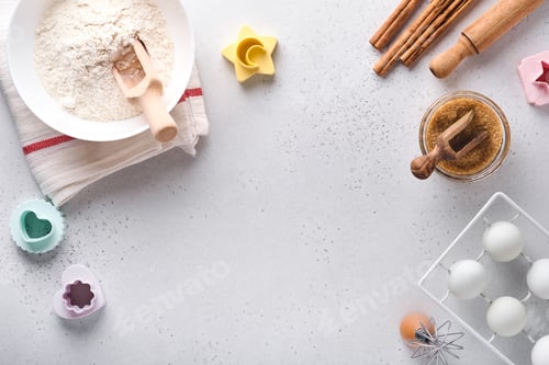 Preview: Ingredients for cooking homemade baking. Baking background with flour, eggs, kitchen tools, utensils