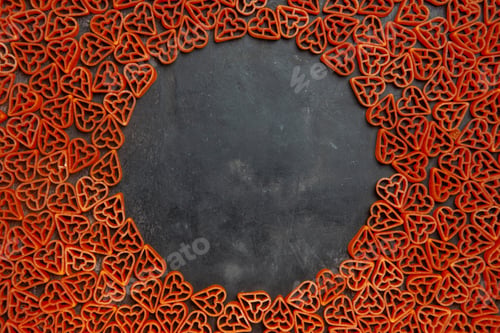 Preview: top view heart shaped italian pasta on dark background oval empty place