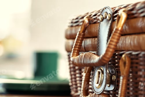 Preview: Close up of a wooden basket with dishware on white table