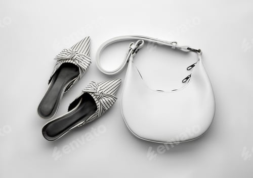 Preview: Stylish woman's bag and shoes on light background, flat lay