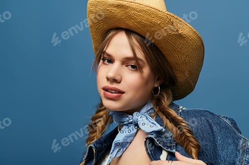 Preview: Youthful expression in a stylish denim jacket against a vibrant blue backdrop