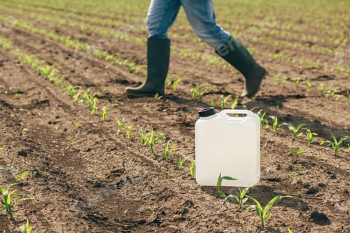 Preview: Herbicide jug container in corn seedling field, farmer walking in background