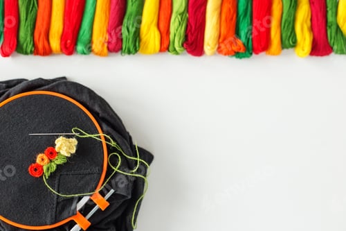 Preview: Background with embroidery. Sewing accessories. Canvas, hoop, thread mouline. Needlework. DIY