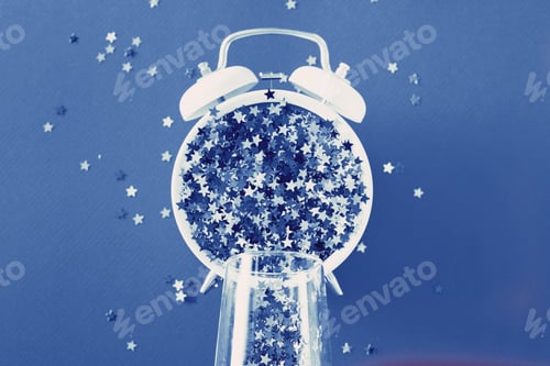 Preview: glass with sequins, alarm clock and star shaped confettie on blue background