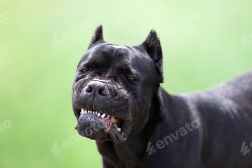 Preview: Purebred cane corso Italian black dog adult on a white isolated background with cropped ears. Guard